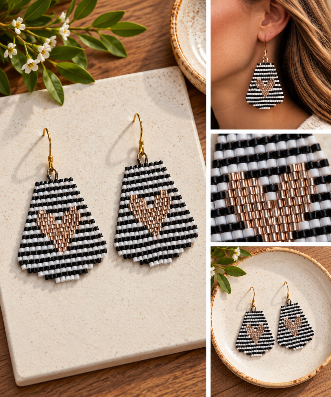 Black and white striped hand-beaded earrings with rose gold hearts