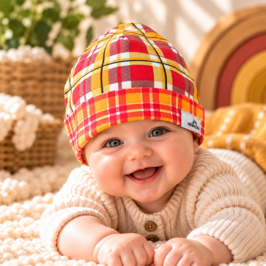 Baby wearing Milkweed bright plaid organic cotton beanie size 0 to 3 months