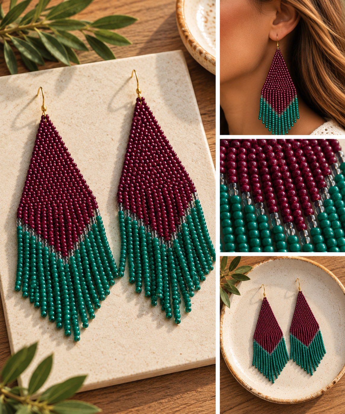 Burgundy and teal hand-beaded fringe statement earrings styled product photography