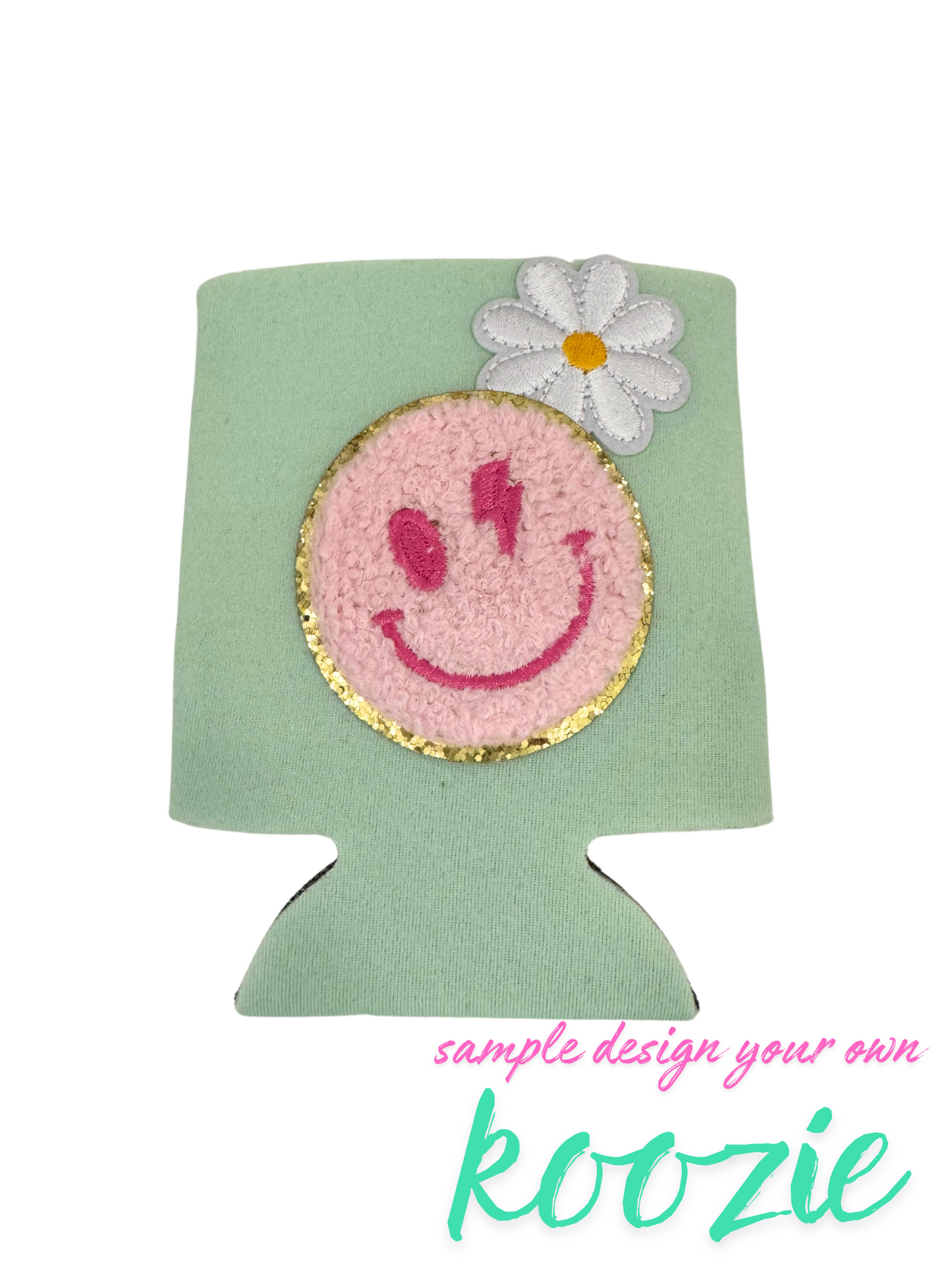 Customizable koozie with smiley face and flower design.