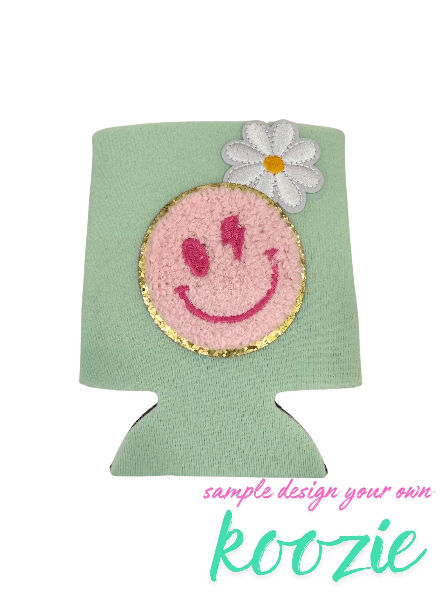 Customizable koozie with smiley face and flower design.