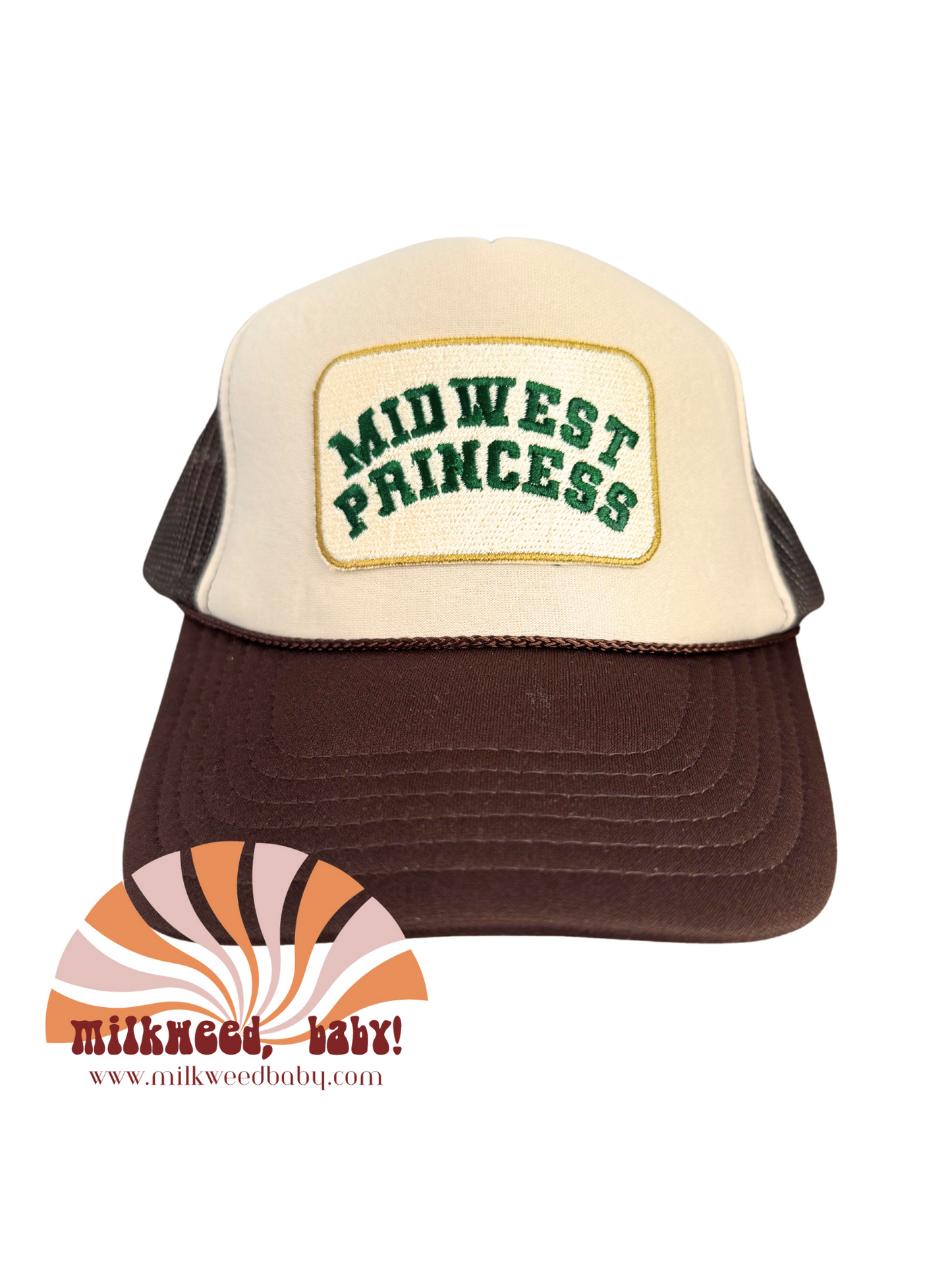 "Midwest Princess" patch in green lettering, inspired by Chappell Roan, heat pressed on a brown and cream trucker hat.