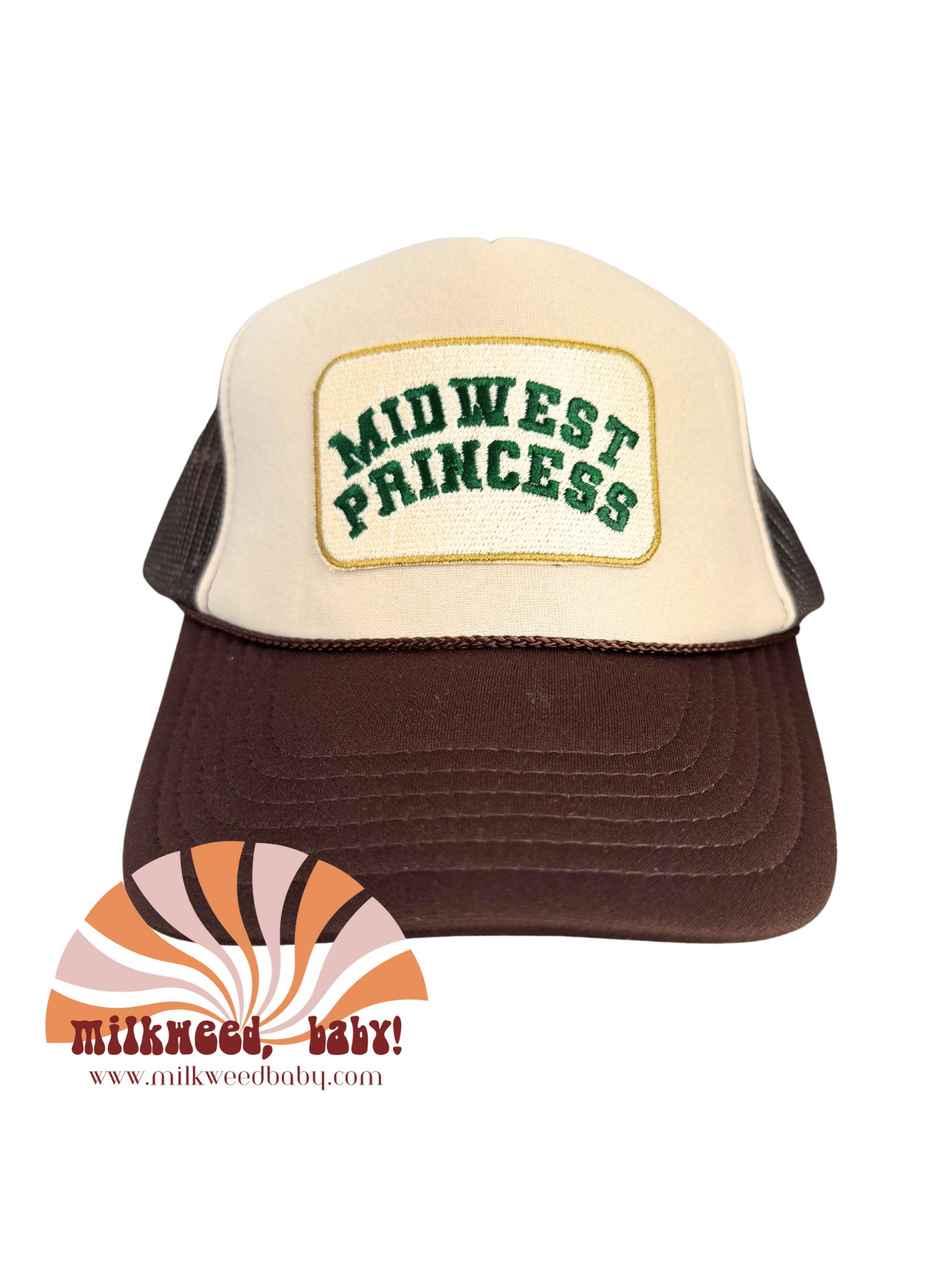 "Midwest Princess" patch in green lettering, inspired by Chappell Roan, heat pressed on a brown and cream trucker hat.