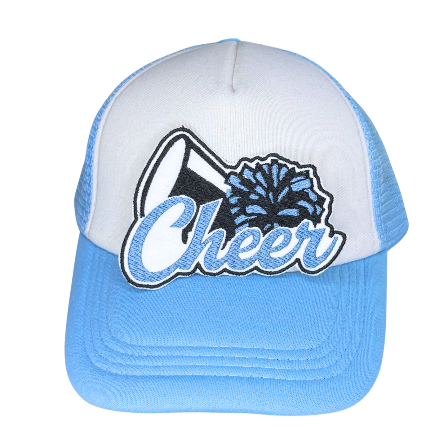 Trucker hat with embroidered light blue cheer patch for Shawnee Mission East