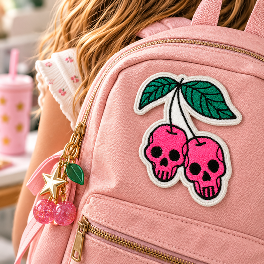 Cherry skulls embroidered patch styled on a pink backpack