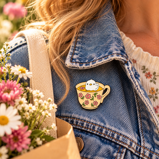 Chick in a teacup enamel pin worn on denim jacket lifestyle image