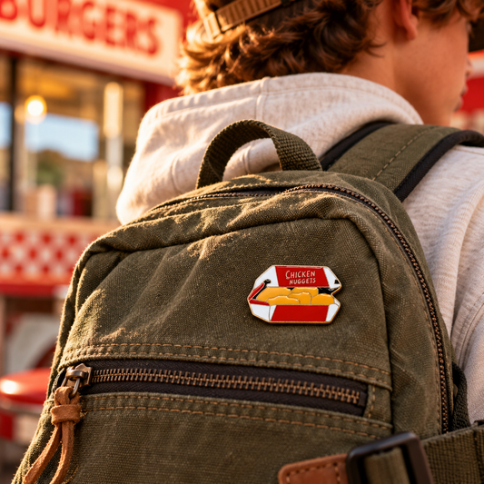 Chicken Nuggets enamel pin on canvas backpack retro diner lifestyle image
