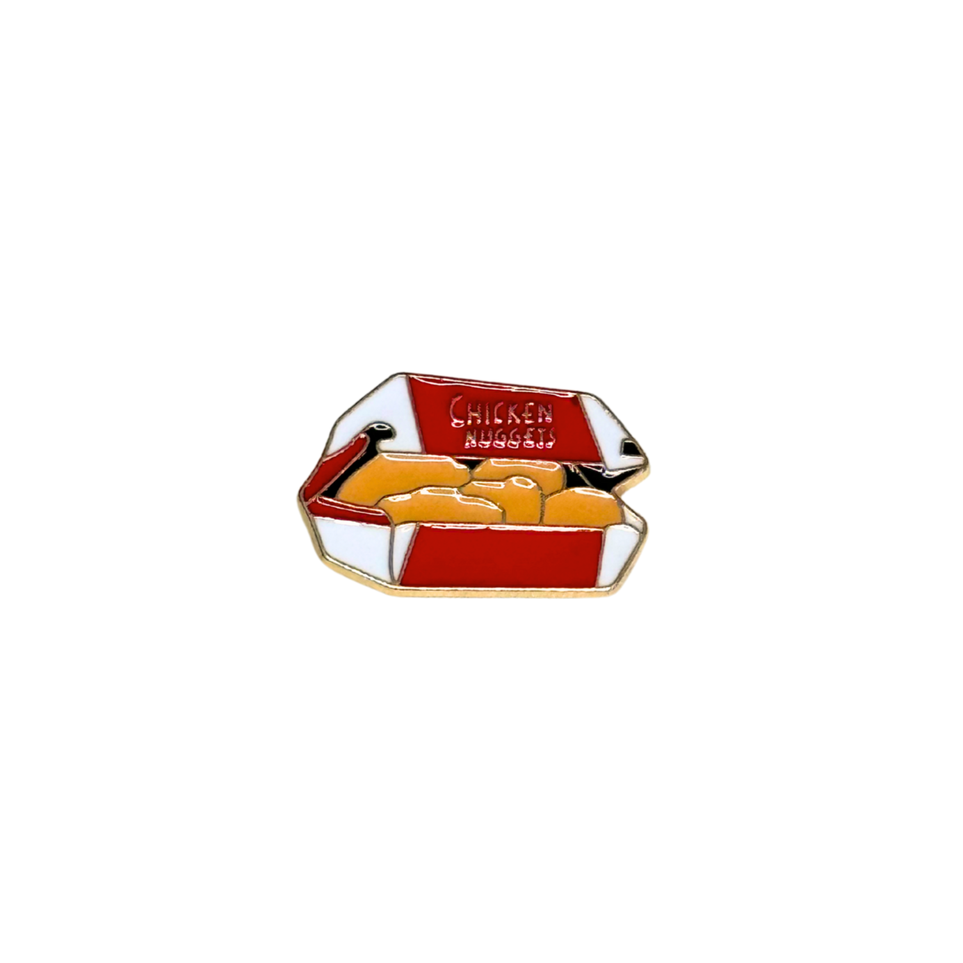 Enamel pin shaped like a chicken nuggets box on white background