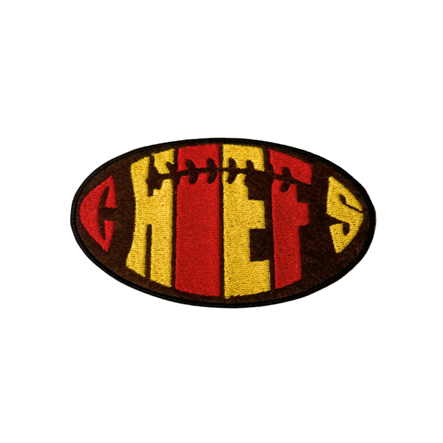 Embroidered red yellow brown Chiefs football patch on white background