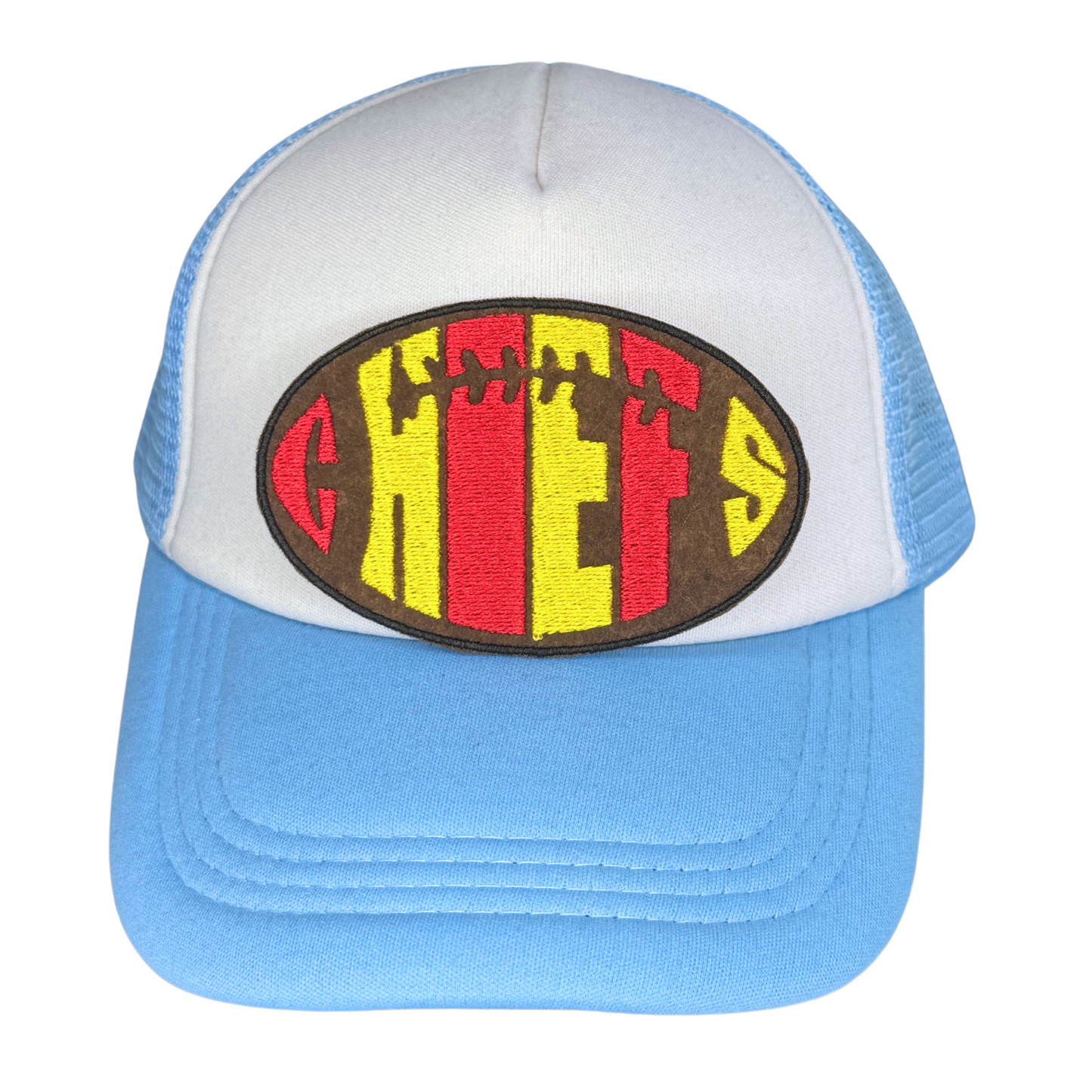 Iron-on Chiefs patch on light blue and white foam trucker hat