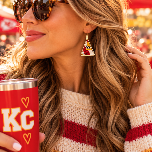 Chiefs colors triangle hand-beaded earrings worn at game day