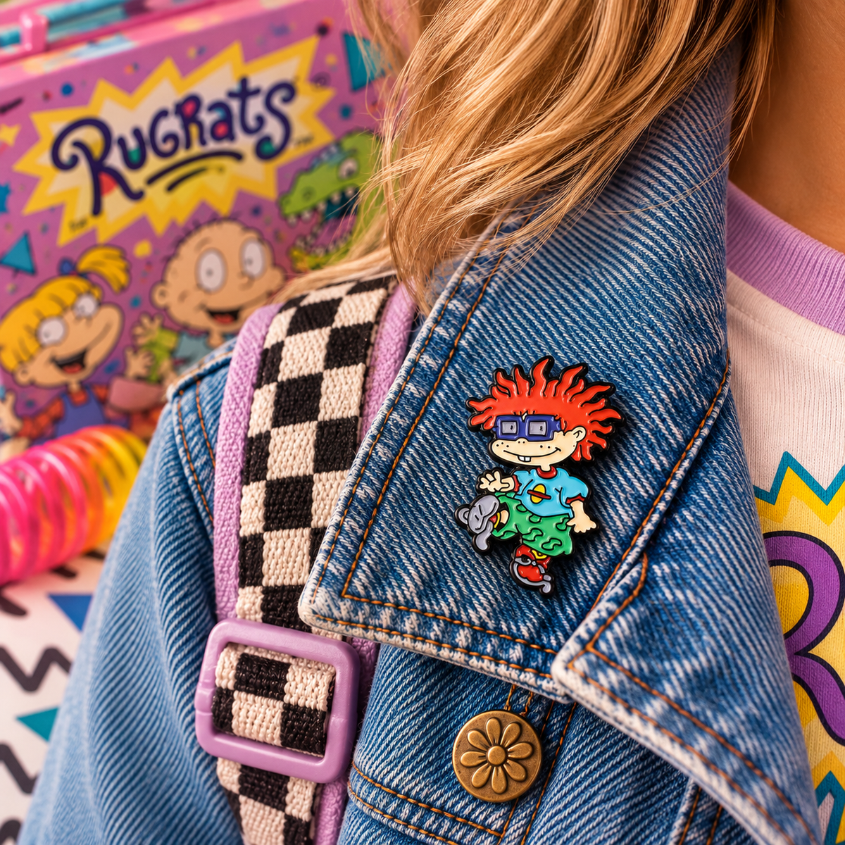 Chuckie Finster Rugrats enamel pin styled on denim jacket