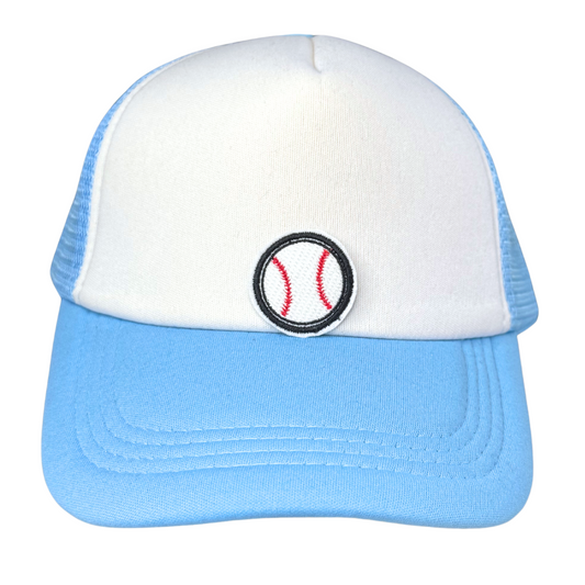 White and light blue trucker hat featuring a small embroidered baseball patch with red stitching on the front