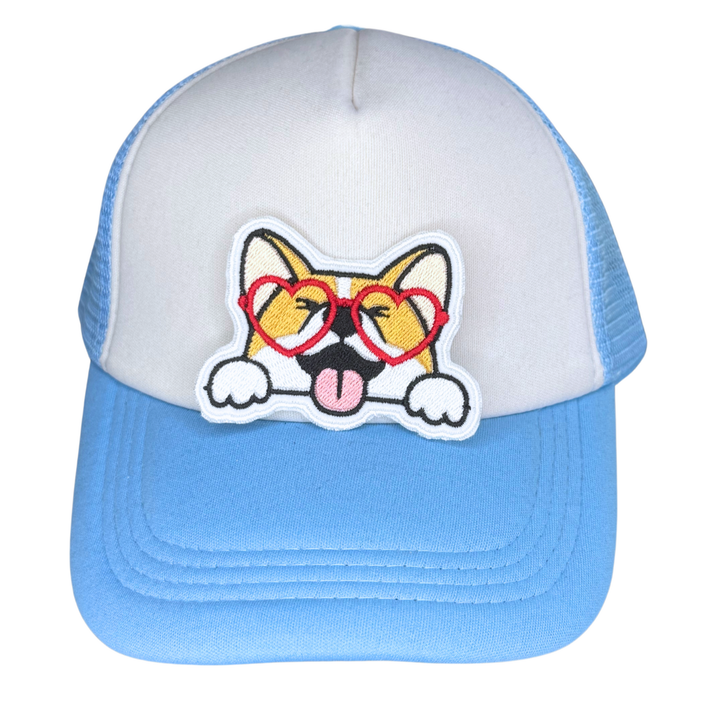 Light blue and white trucker hat with corgi heart glasses patch