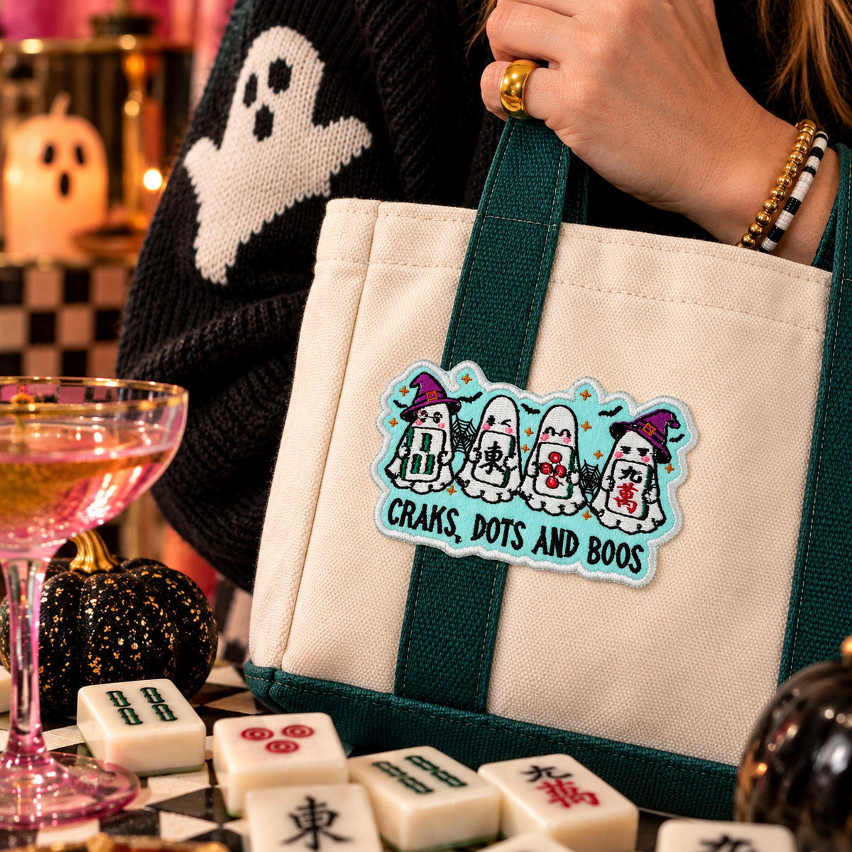 Craks Dots and Boos mahjong ghost patch on cream canvas tote