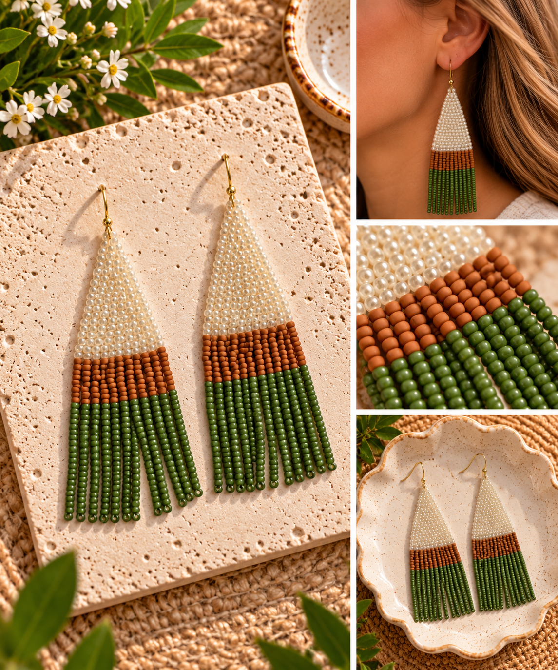 Cream caramel and olive green hand-beaded fringe statement earrings