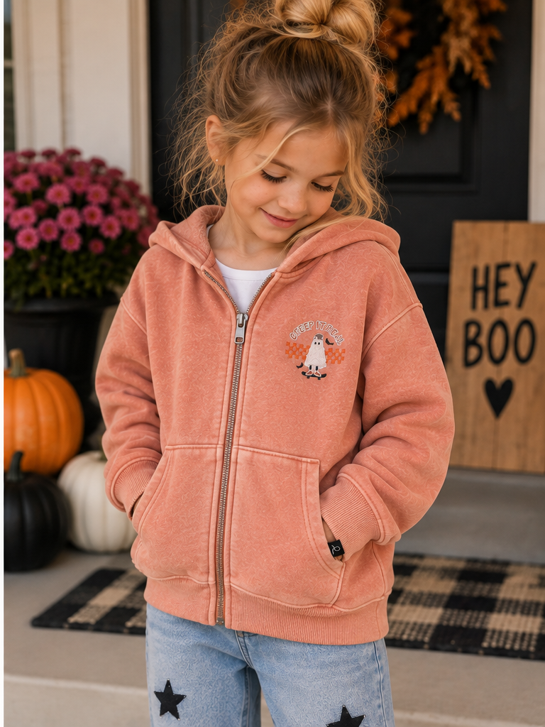 Child wearing Youth Creep It Real embroidered Halloween zip hoodie