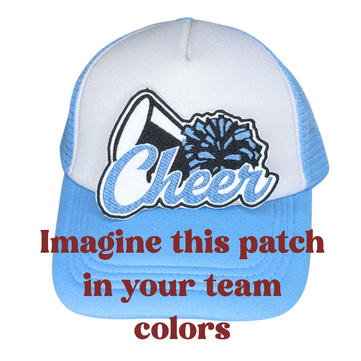 Light blue and white trucker hat with embroidered cheer patch in custom colors