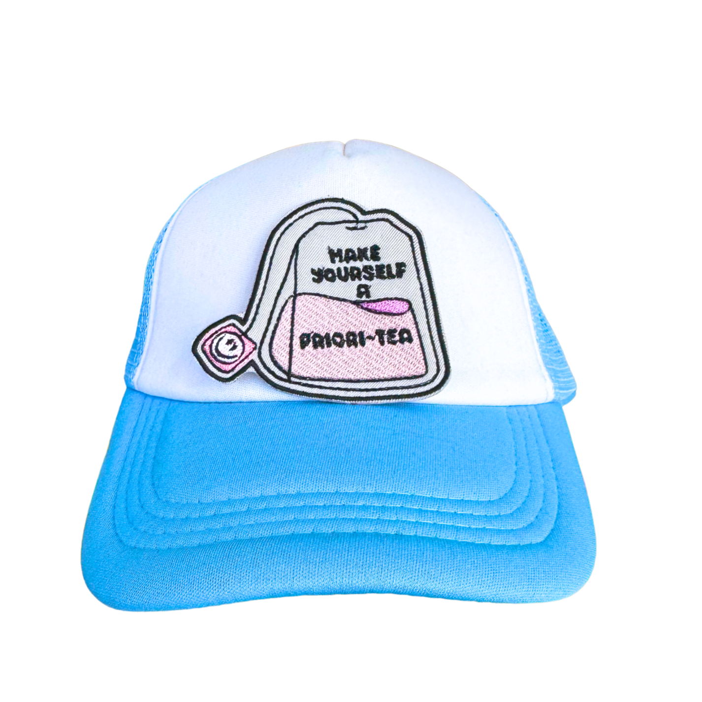 A trucker hat with an ironed-on Make Yourself a Priori-Tea patch, perfect for tea lovers and DIY fashion.