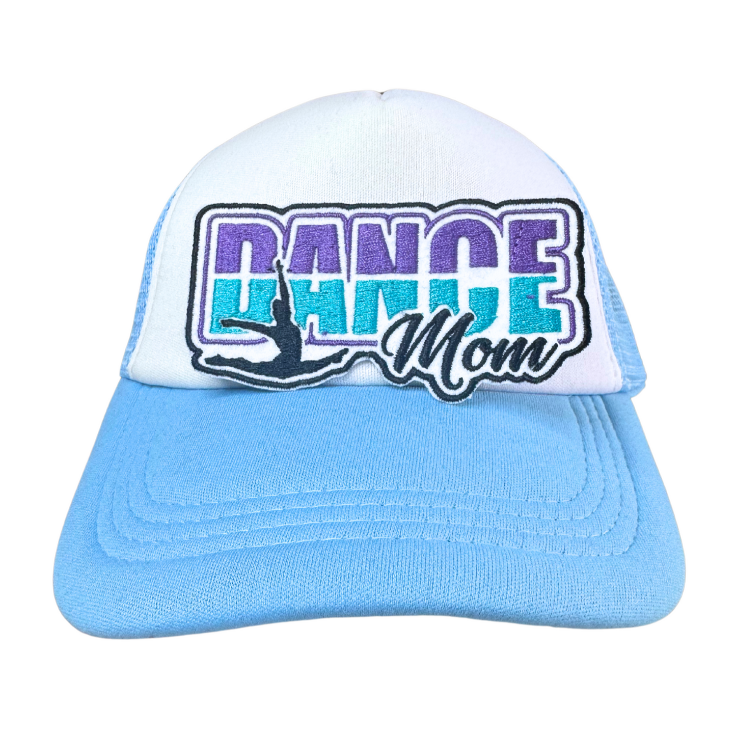 Light blue and white trucker hat with an embroidered "Dance Mom" patch attached.