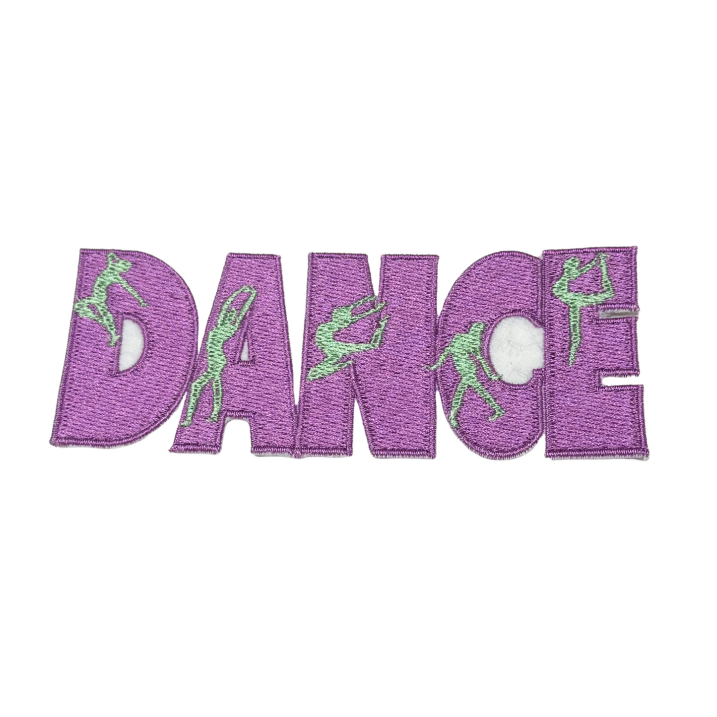 Purple embroidered patch spelling “DANCE” with green dancer silhouettes