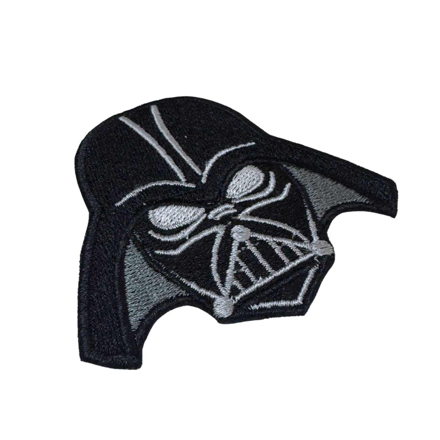 Side angle close-up of Darth Vader inspired embroidered patch showing stitch details