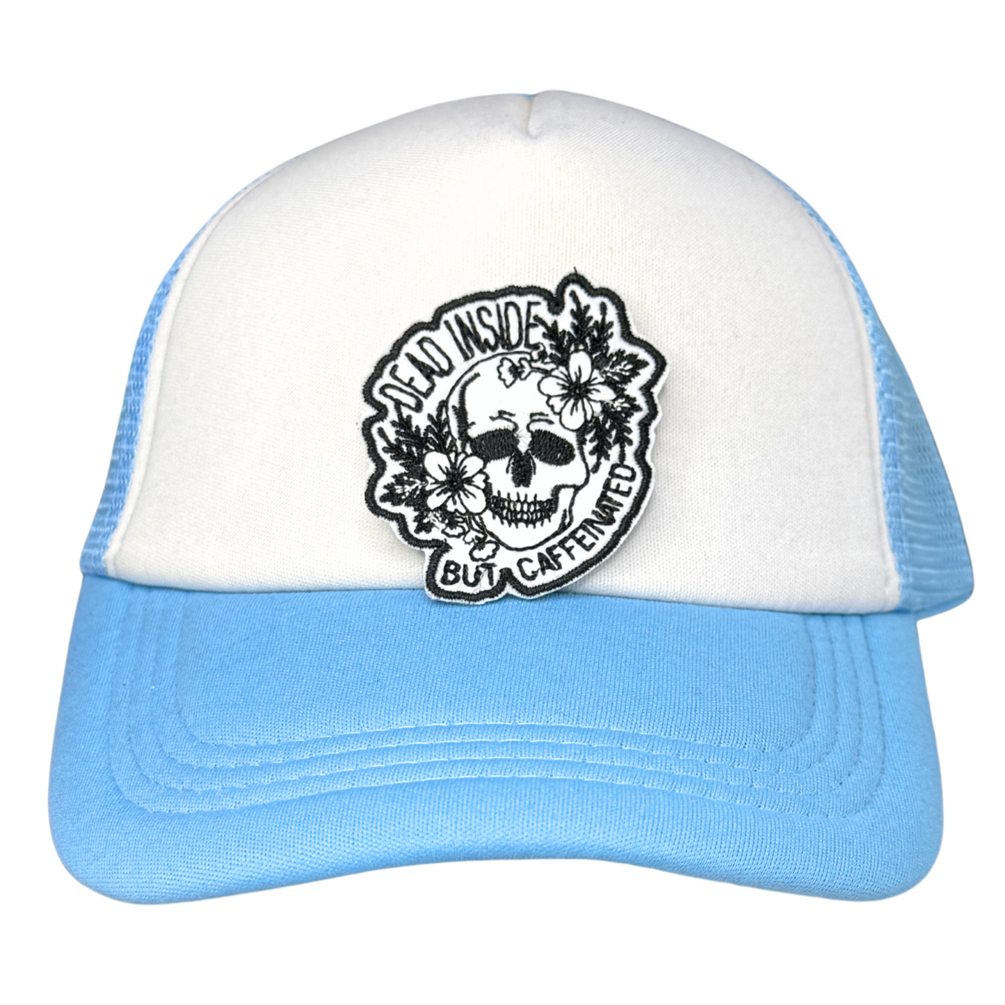 Skull coffee patch ironed onto white and blue trucker hat