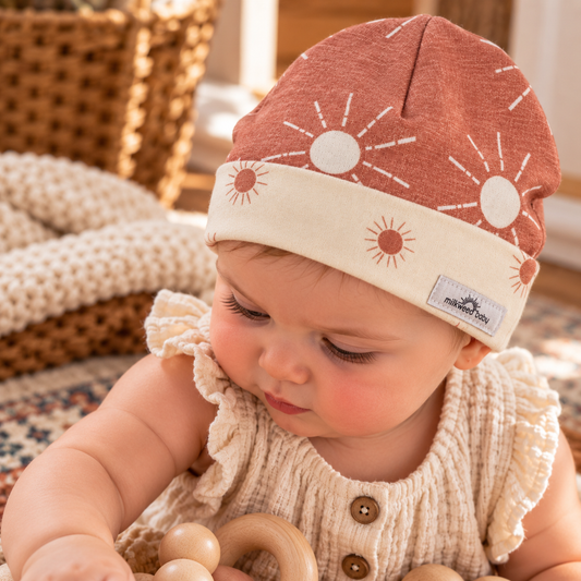 Baby wearing desert sunrise organic cotton beanie