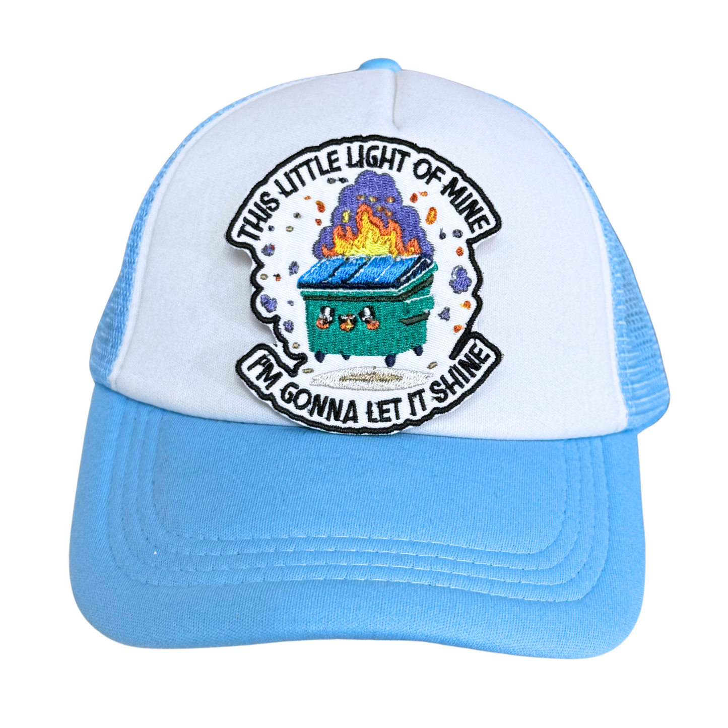 Light blue and white trucker hat with an embroidered burning dumpster patch attached.