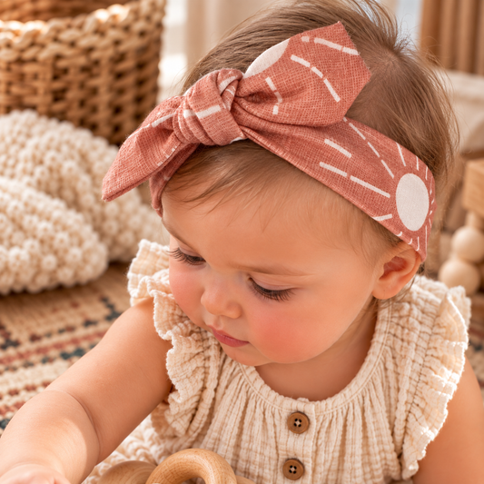 Baby wearing dusty rose sun organic cotton tie headband