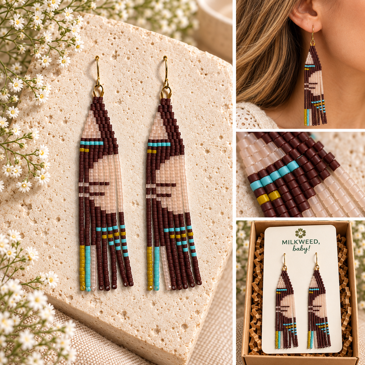 Hand-beaded fringe earrings in brown, blush, turquoise and mustard shown flat, worn, close up and on a Milkweed baby card
