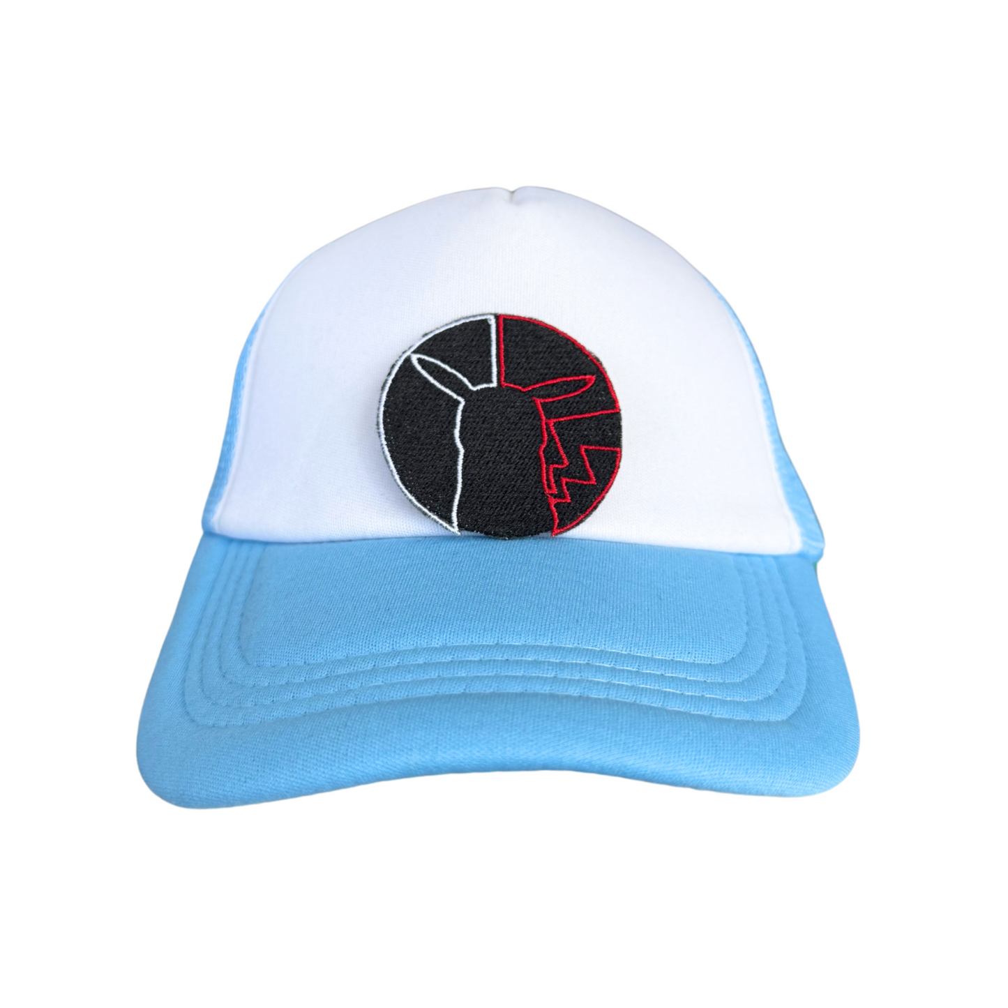 Embroidered iron-on patch featuring a cute electric mouse wearing a red cap, designed for hats, jackets, and bags.