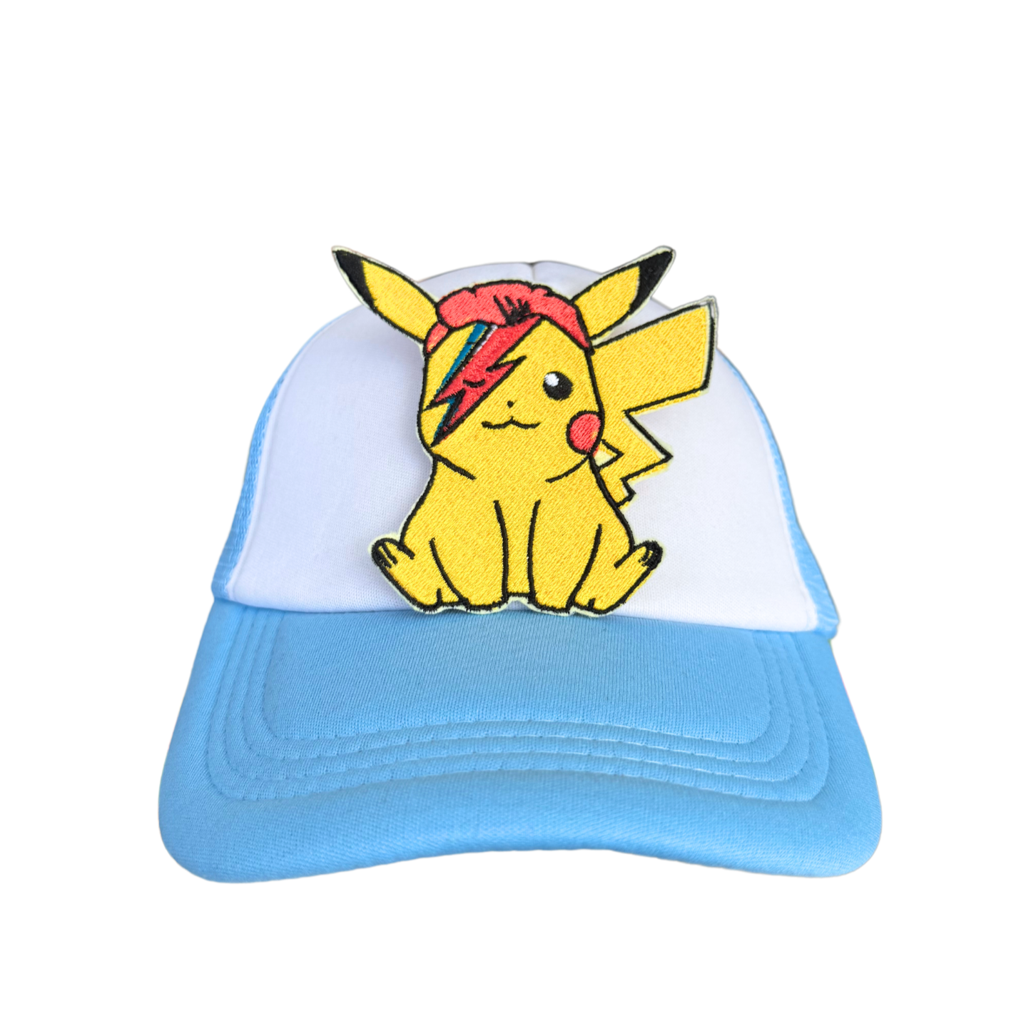 Trucker hat with an embroidered electric rodent rockstar patch featuring a red glam rock hairstyle and lightning bolt design.