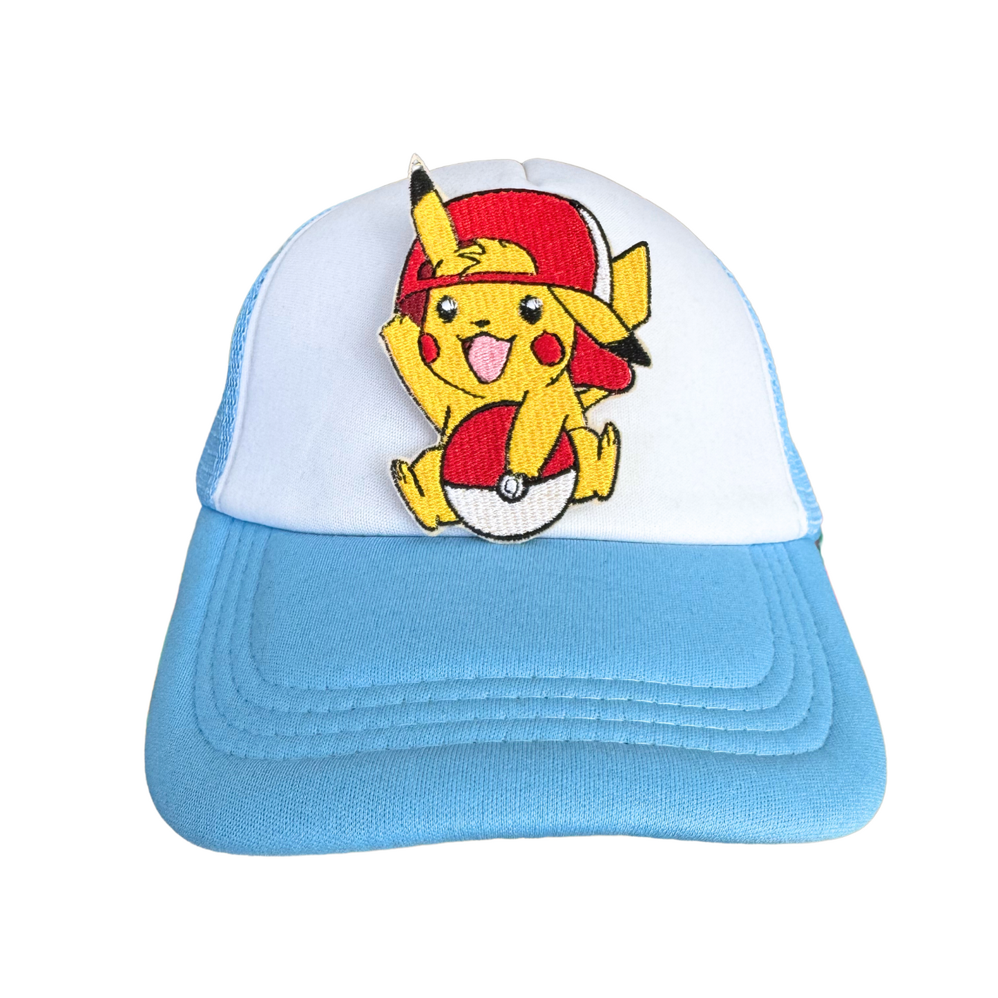 An embroidered patch of a playful yellow mouse wearing a red cap, sitting on a two-toned hat.