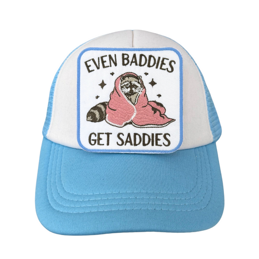 Even Baddies Get Saddies patch on blue and white trucker hat