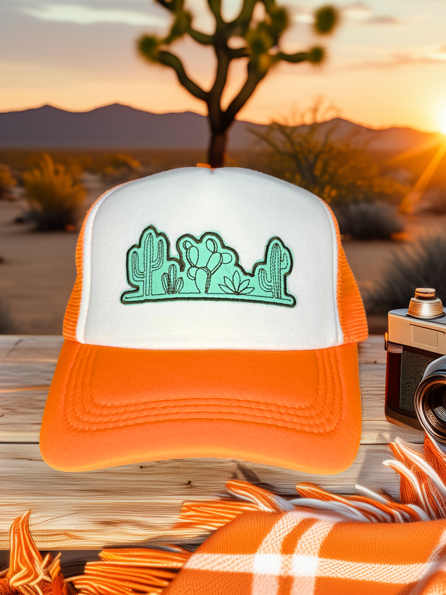 Orange and white cap with cactus design in a desert setting