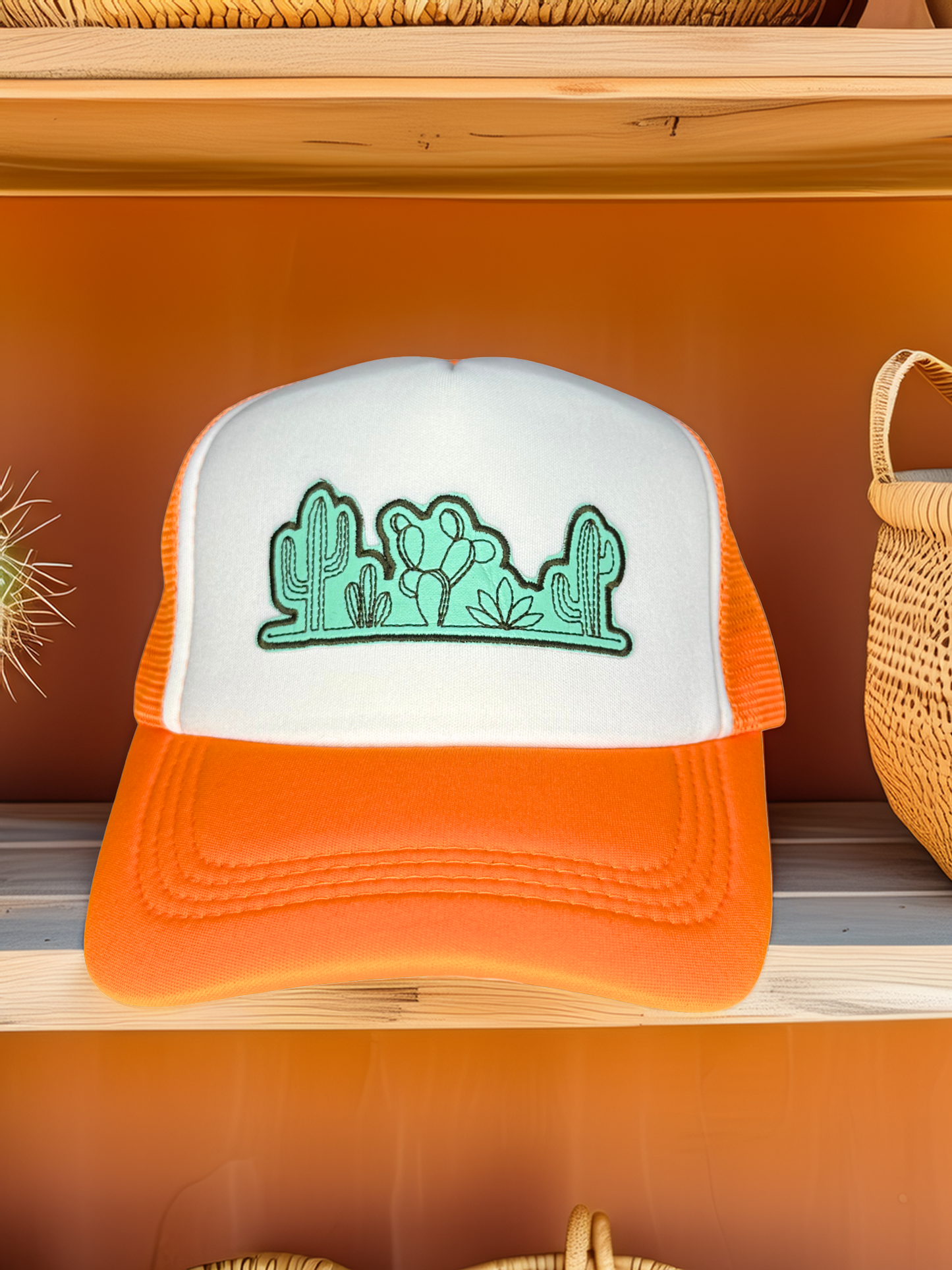 Orange and white trucker hat with cactus design on a wooden shelf.