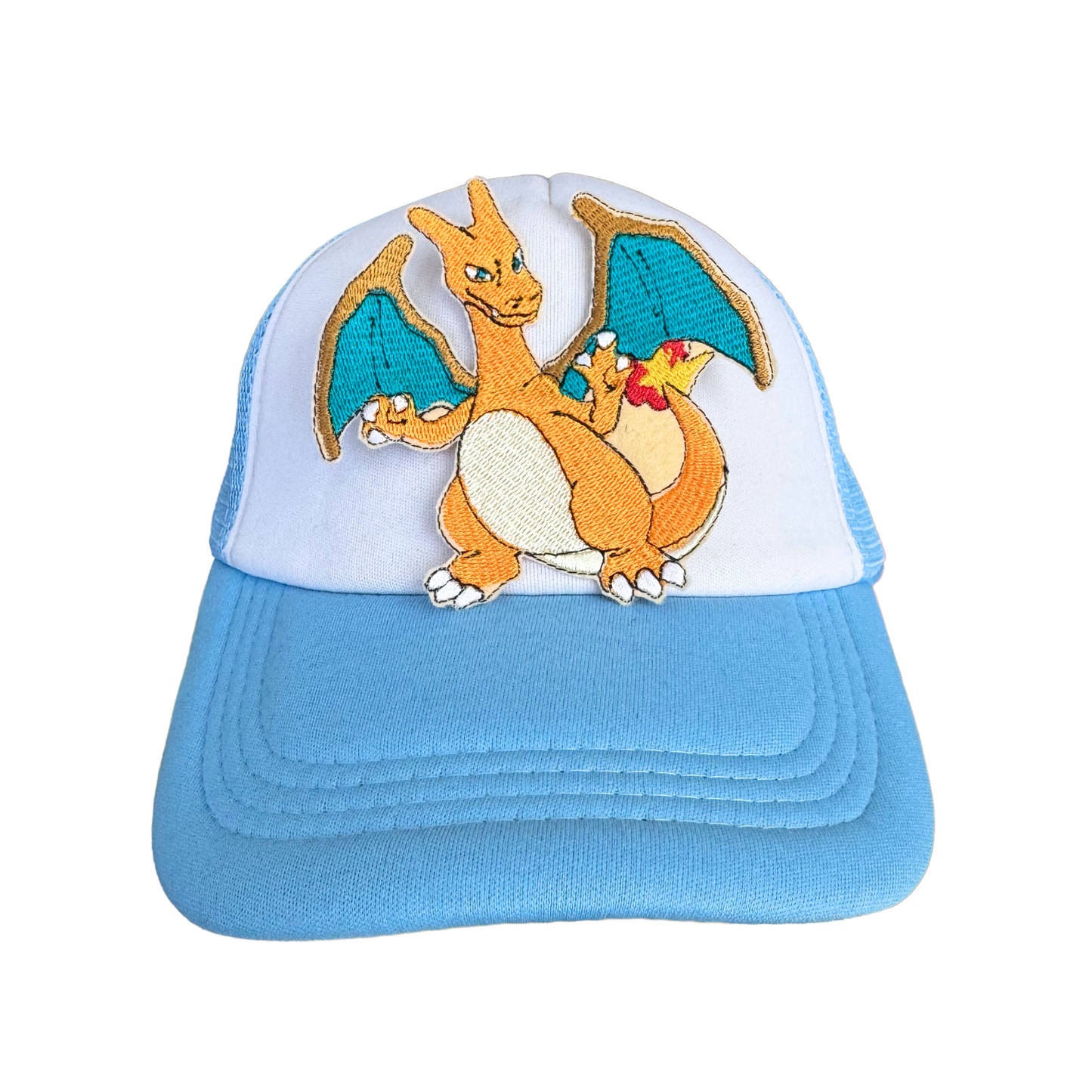 Embroidered patch featuring a fierce fire-breathing dragon with blue wings and a flaming tail.