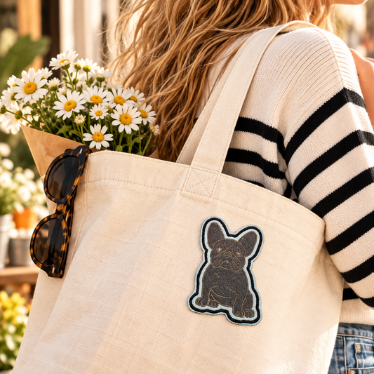 Gray French Bulldog embroidered iron-on patch on a cream canvas tote bag carried at a flower market