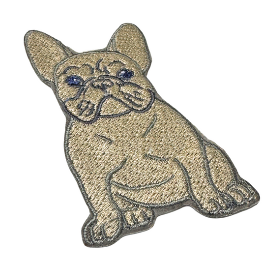 Angled detail shot of Frenchie patch showing embroidery texture