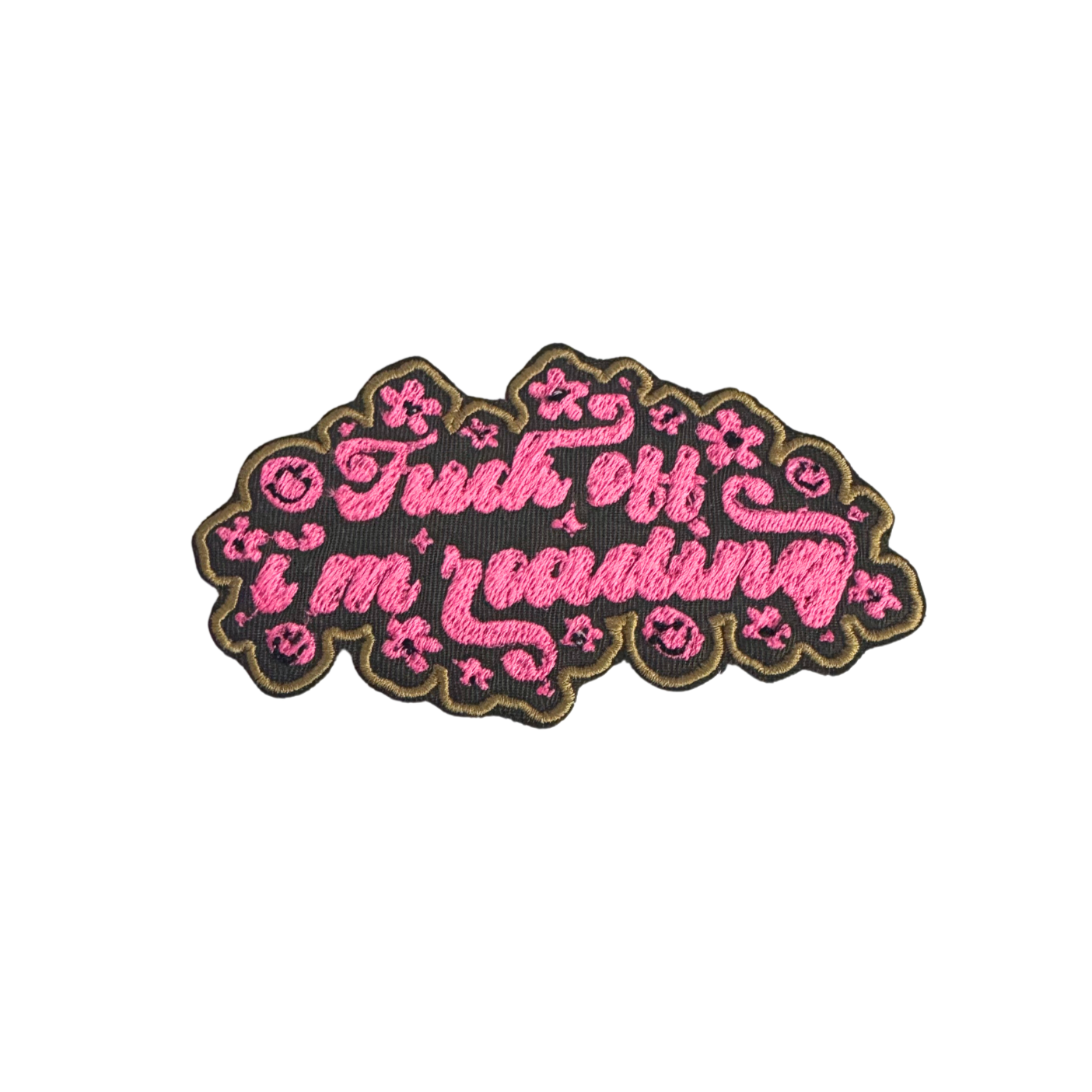 Pink "Fuck Off I'm Reading" embroidered patch with floral accents on black and olive green backing.