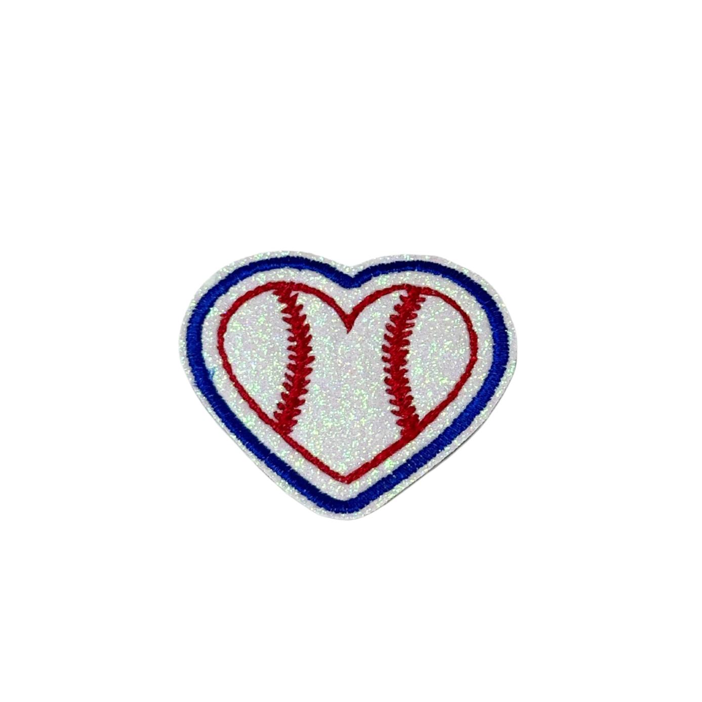 Embroidered glittery heart-shaped patch designed like a baseball with red stitching and bold blue outline