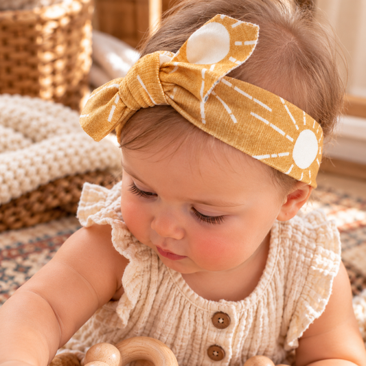 Baby wearing golden sun organic cotton tie headband