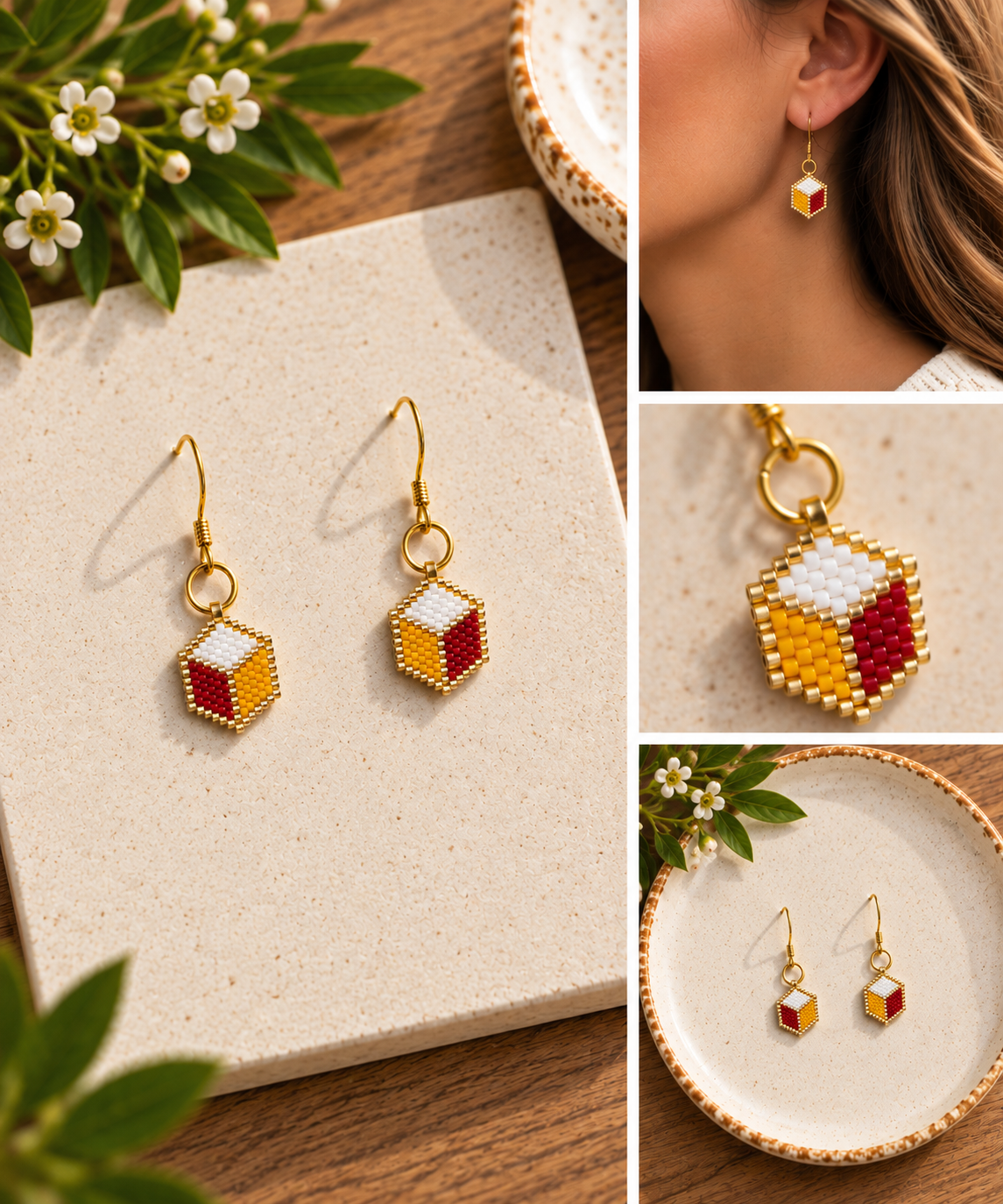 Hand-beaded Kansas City cube earrings in red, gold and white