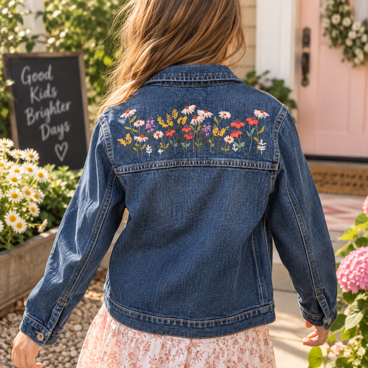 Girl wearing hand-embroidered wildflower denim jacket