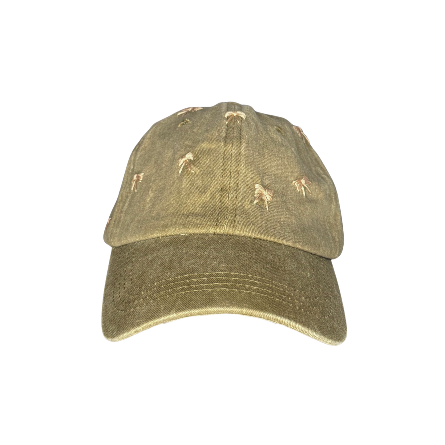 Green baseball cap with embroidered designs on a white background
