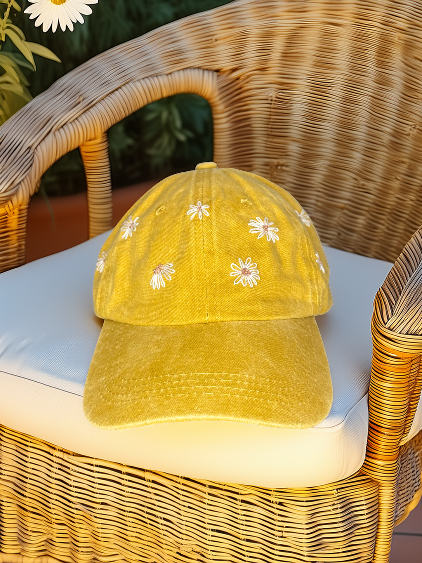 Hand‑Embroidered Daisy Cap – Mustard Vintage Cotton Adjustable Hat