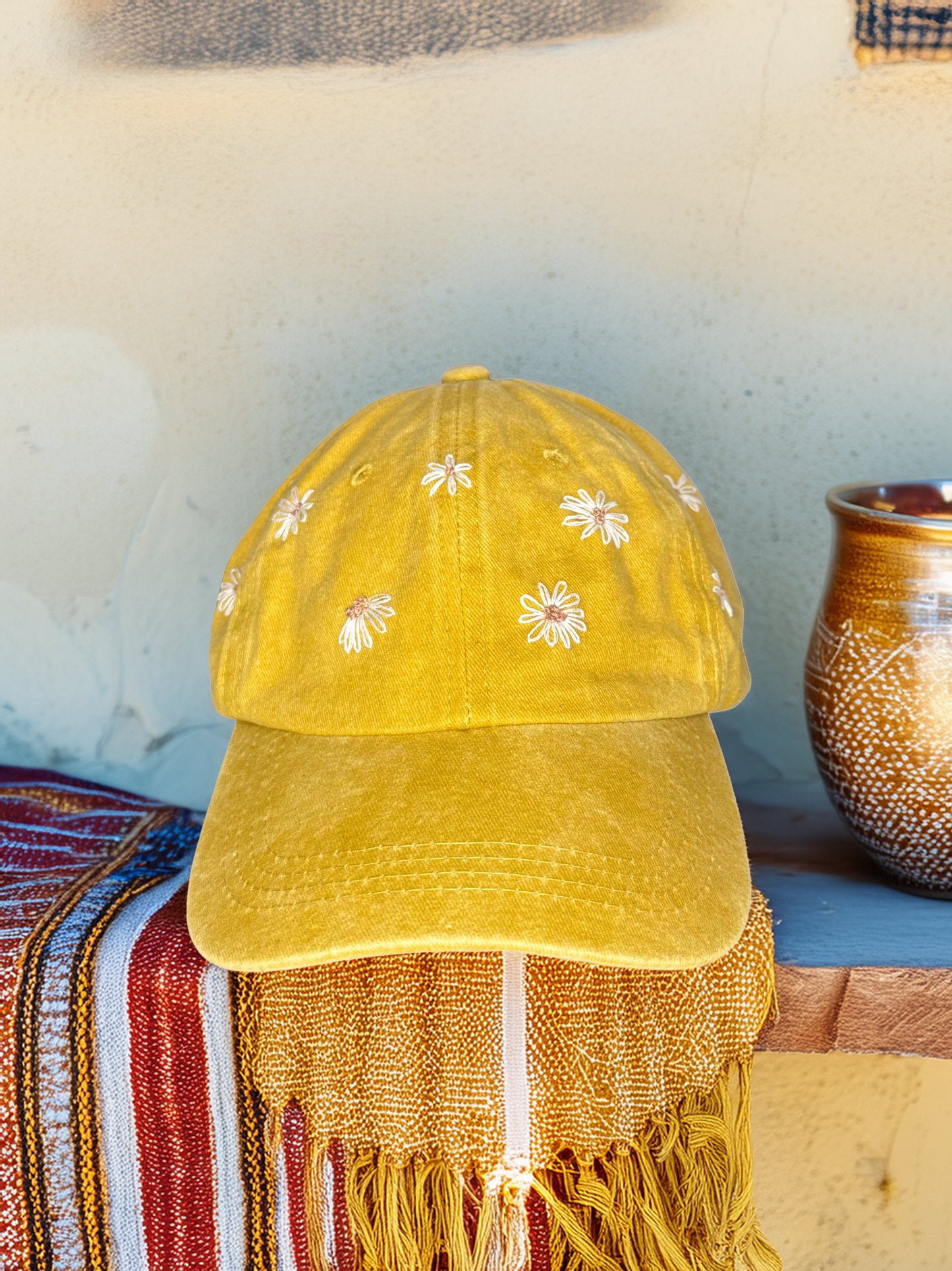 Hand‑Embroidered Daisy Cap – Mustard Vintage Cotton Adjustable Hat
