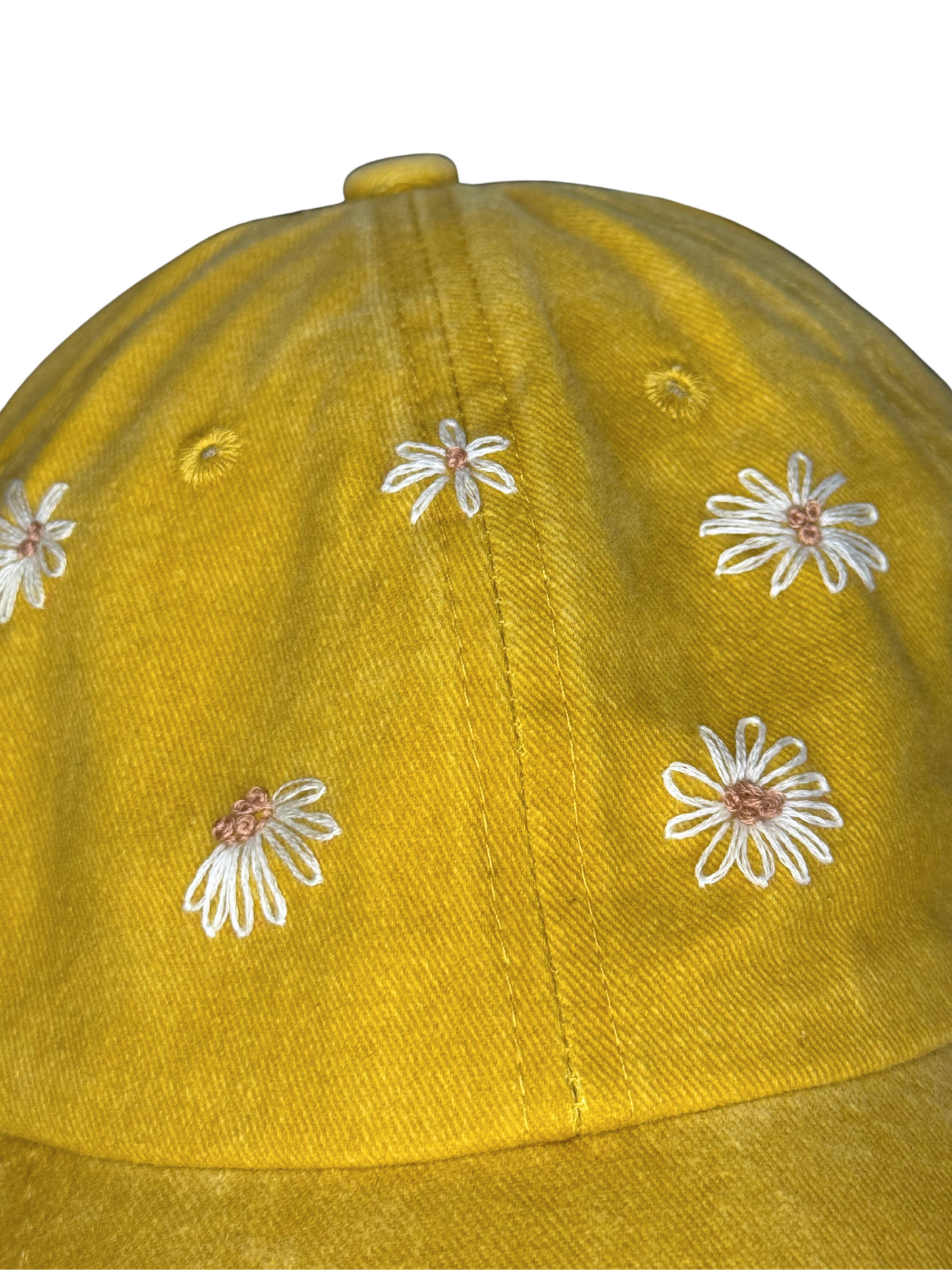 Hand‑Embroidered Daisy Cap – Mustard Vintage Cotton Adjustable Hat