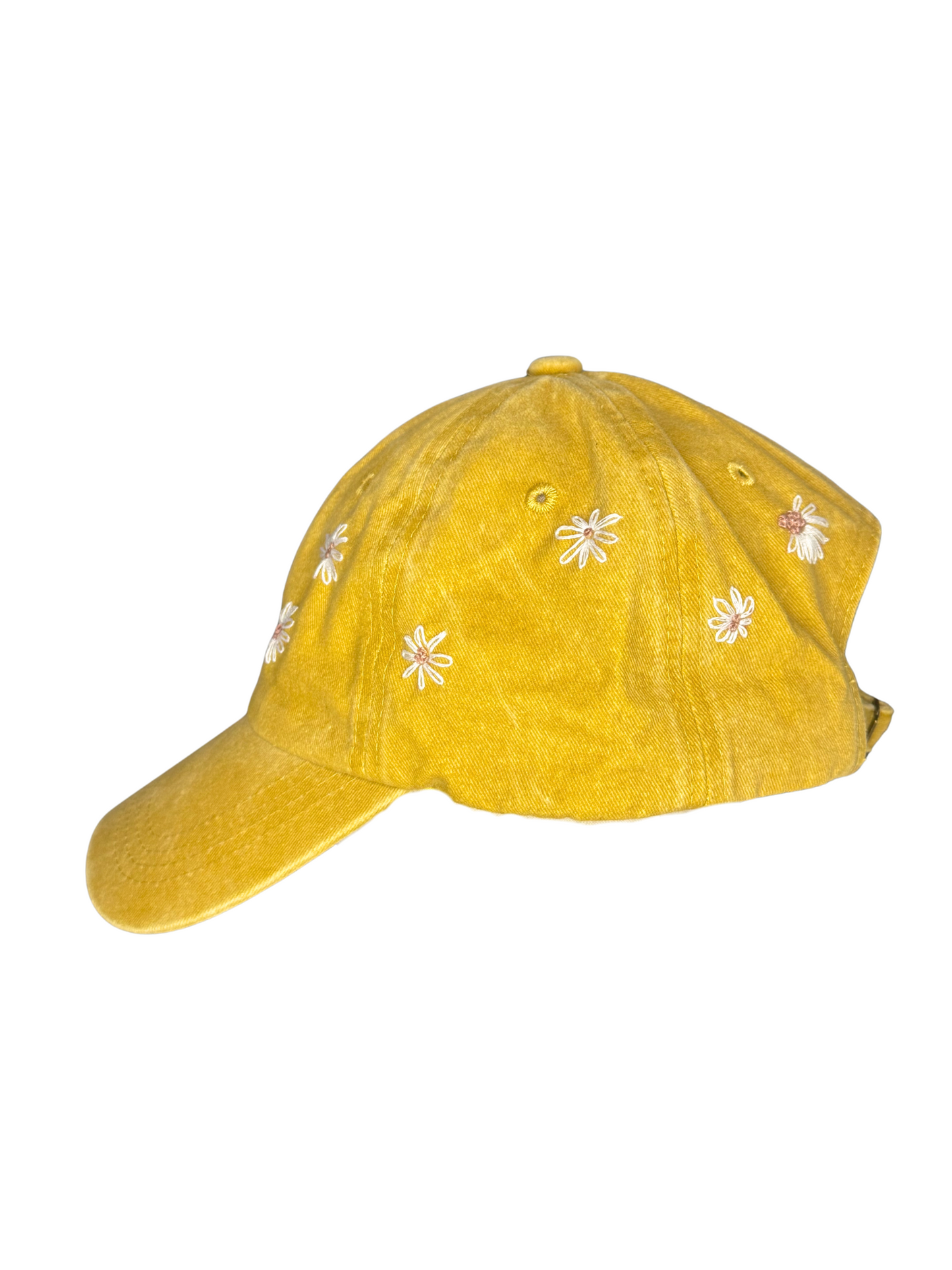 Hand‑Embroidered Daisy Cap – Mustard Vintage Cotton Adjustable Hat